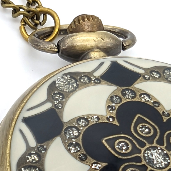 Black & White NEW Pendant Pocket Watch Enamel & Crystal Floral Flower Pattern - Picture 6 of 8